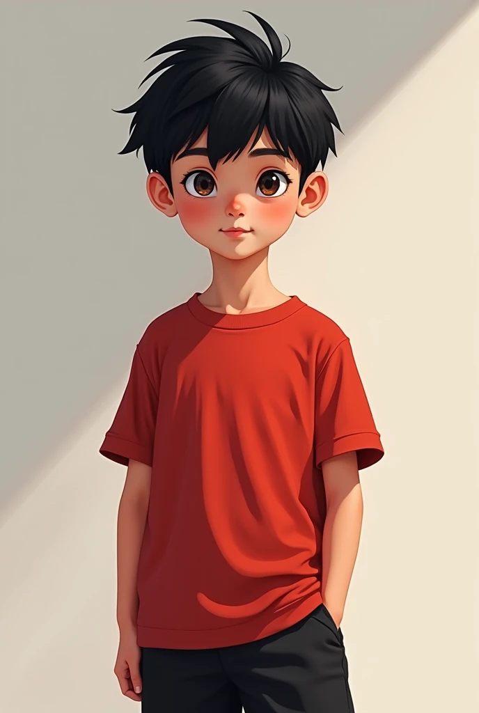 Fist on chest which gives a faithful 
wives , with normal orange t-shirt and pant , young boy , with head leaning down with respect , 
