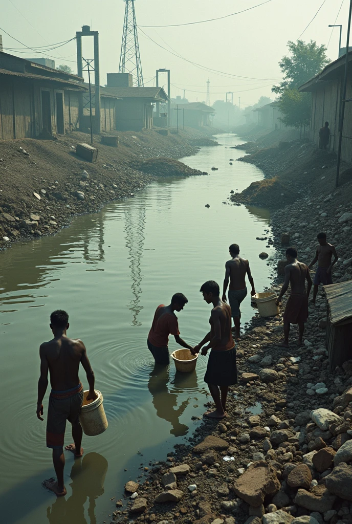 Some poor people are standing on a train house and the tin house is completely submerged in water surrounded by water and dilapidated buildings.