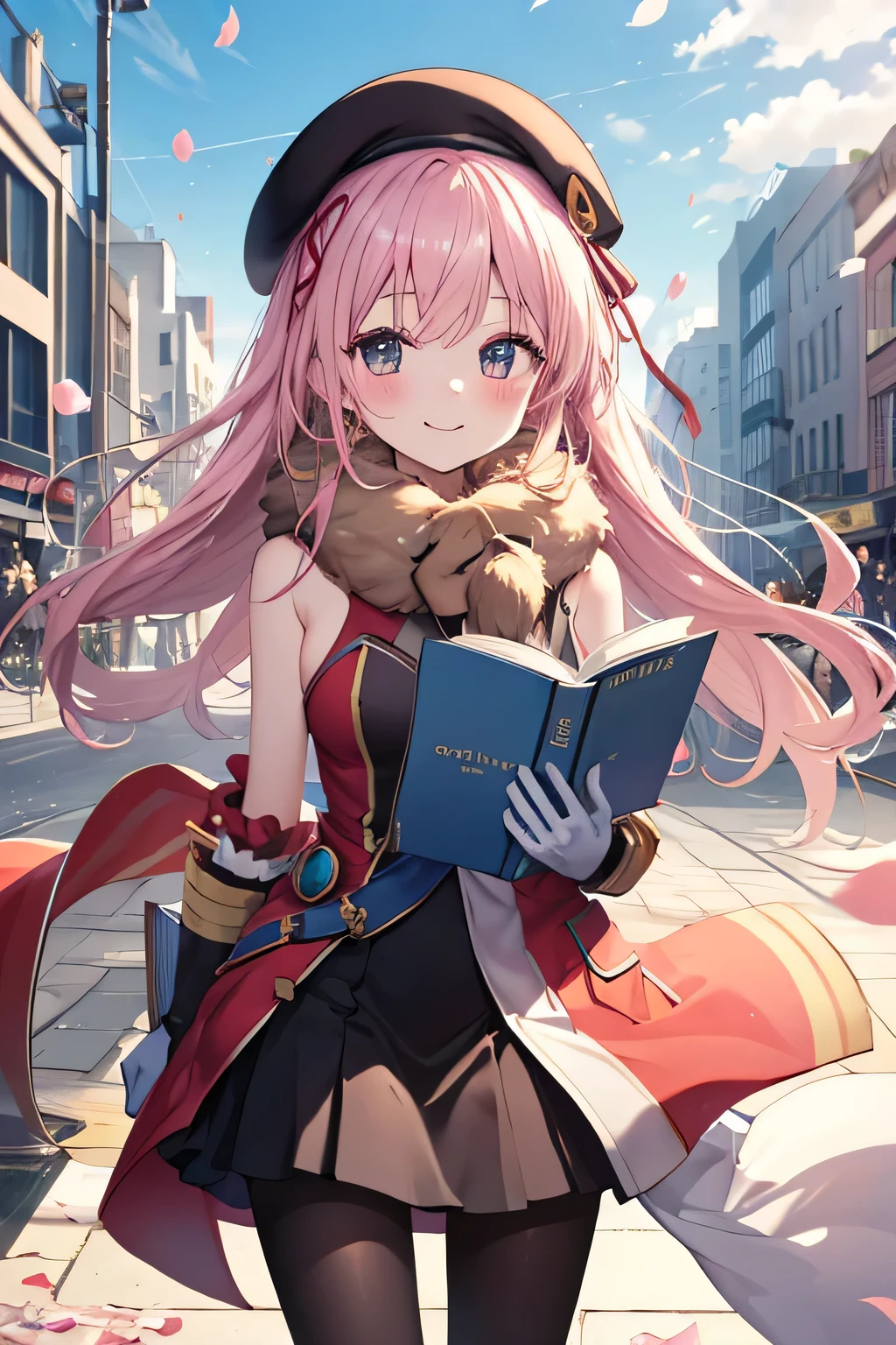 girl smiling, walking,  Straight hair , Invoking with his book (Effects,  Essence Cosmics), standing, city background, city background(Home), complete anatomy,  graphic effects , aura,  accessory with a flower on the head, Miku Priestess cosplay, Beret Blanco , primera persona, orange pantyhose ,  white gloves, Black Pencil , blush, aura, Brilliant Summoning Circle,  sakura petals and leaves, primera persona, strong breeze , blush,  looking at the spectator , Charm, Pausa de toque ciego  looking at the spectator , 