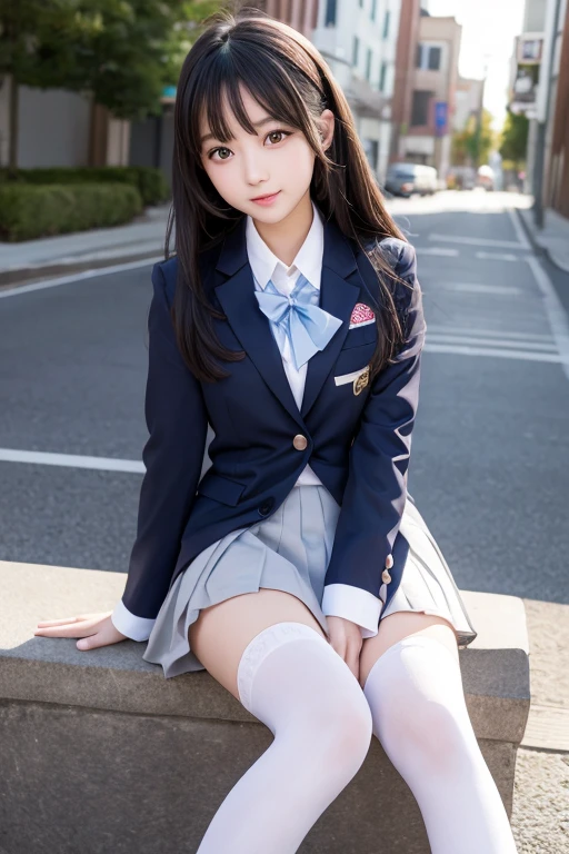 cute、high school girl、Idol、uniform、blazer、mini skirt、stockings、See-through、Fluttering in the wind、sit