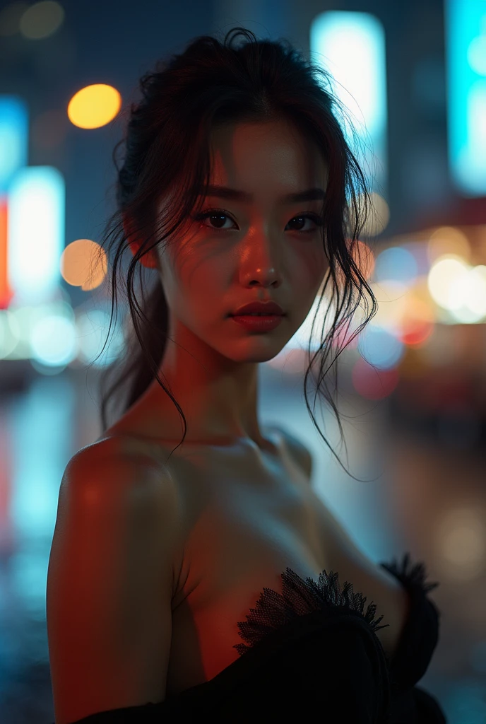 a beautiful asian woman 2 long black hair black dress on a tokyo street in the rain