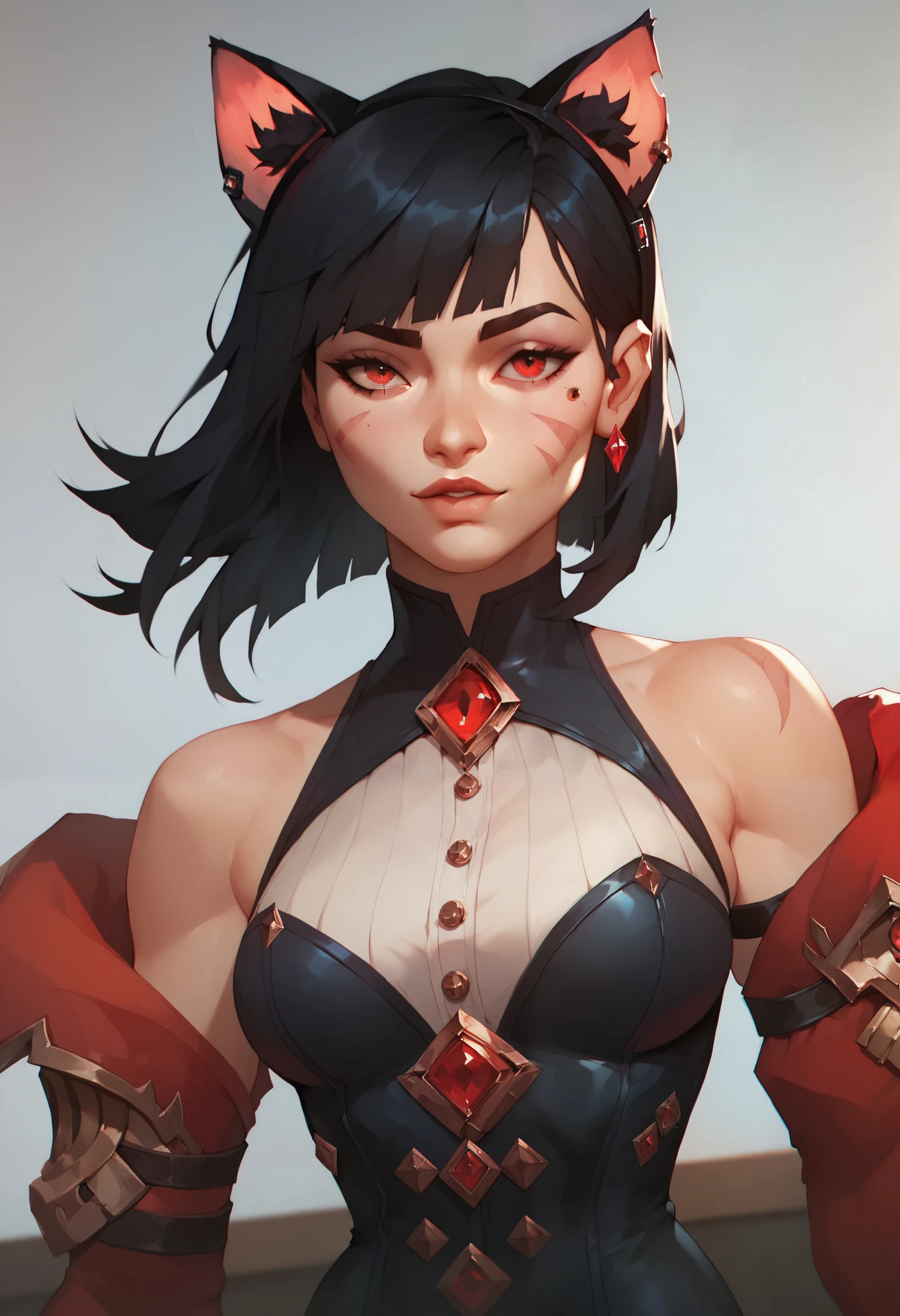 ( masterpiece ) ( better quality ) ( Junkotvvxl's detailed face), 1arcane girl , arcane style,  upper body: sexy,  small waist , black hair,  straight bangs , cat ears, red eyes.