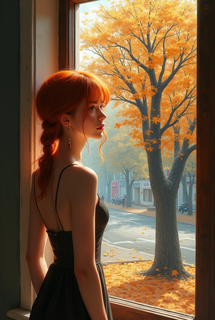 a beautiful ginger haired woman, stands by the window, staring at a beautiful tree golden brown leaves falling on the streets, the autumn leaves drift by the windows, Masterpiece surreal hyper realistic oil on canvas painting in Don Lawrence style, High Resolution, Award Winning, Best Quality, Detail, High Details, UHD, 