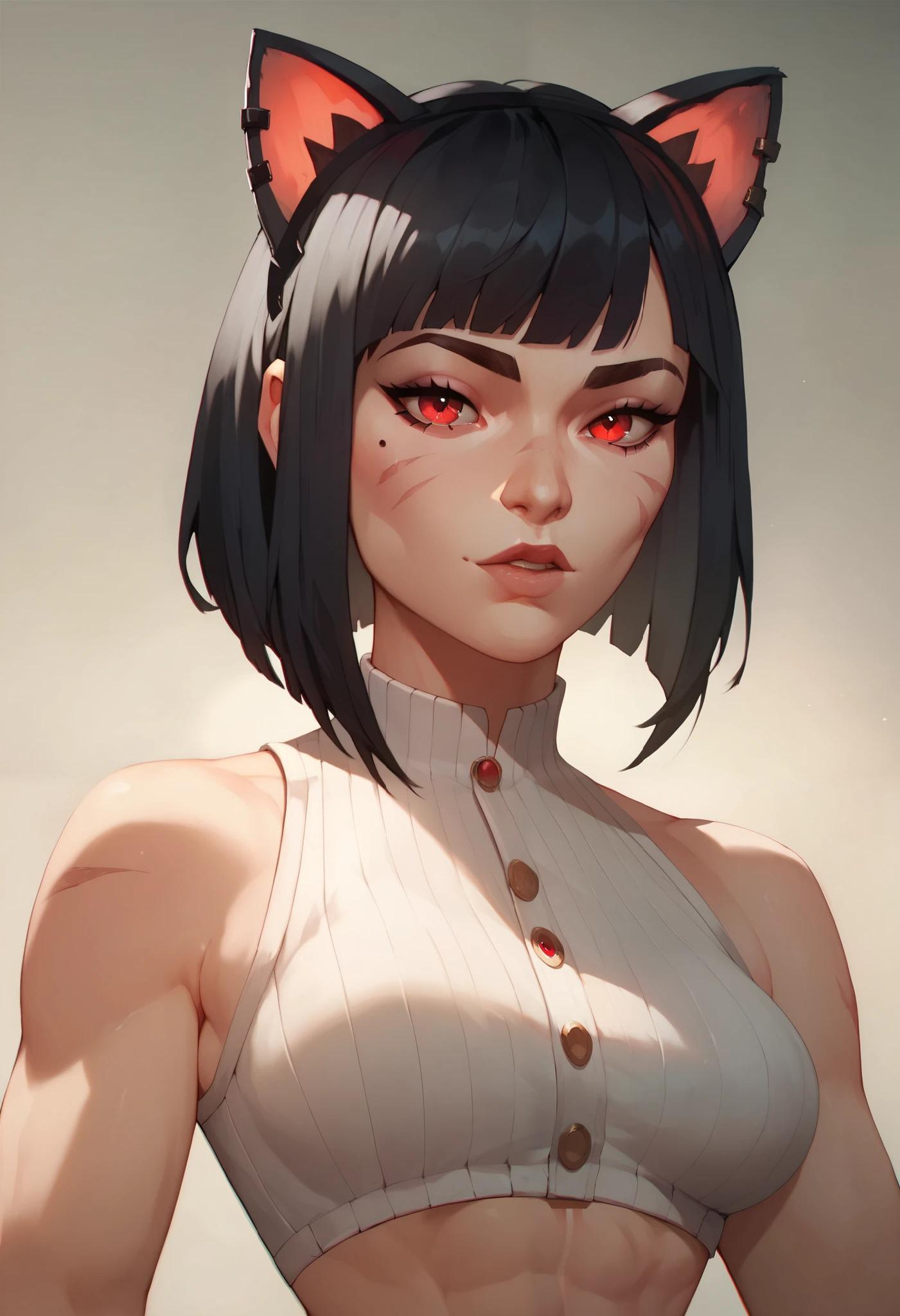 ( masterpiece ) ( better quality ) ( Junkotvvxl's detailed face), 1arcane girl , arcane style,  upper body: sexy,  small waist , black hair,  straight bangs , cat ears, red eyes.