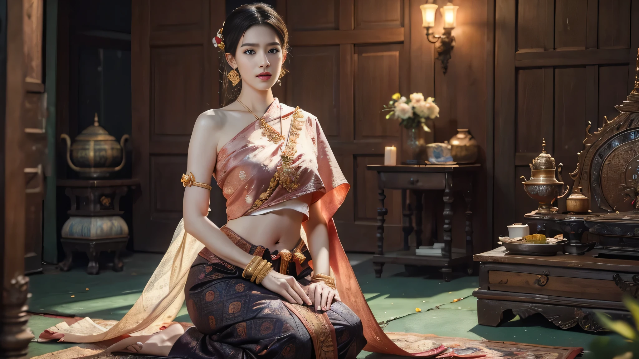 (raw photos:1.2), (realistic:1.4), (Masterpiece:1.3), (best quality:1.4), Ultra high resolution, (Detailed eyes), (Detailed facial features), (Detailed clothing features), HDR, 8k resolution, Focus only, Dressing according to Thai tradition, Traditional shawl , 1 woman , big breasts, A gigantic rift, big breastsดันเสื้อผ้า, big breast, The breasts will fully grow..., Make your breasts bigger.., small waist, Long legs, Facing the audience, full body, depth of field, Cinema-grade lighting system, big breasts, Too big for your body, Revealing a flat stomach, The lower half of the chest can be seen..., Sexy sitting posture, Pictures from eye-catching angles, Correct picture elements, The picture is complete.,