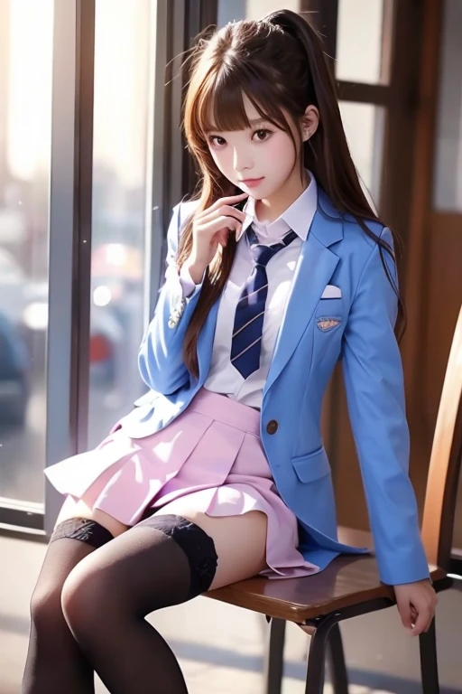  pretty girl ､ high school girl､Idol､uniform､ blazer､ stockings､ miniskirt､ see-through ､Fluttering in the wind､sit