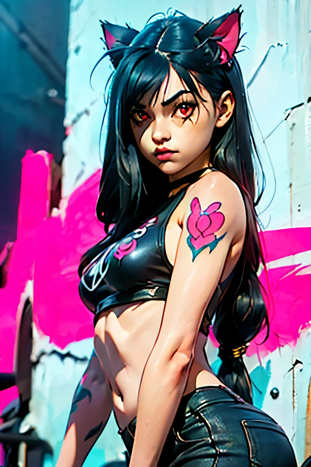 jAkotvv hiperrealista súper detallada ((de Aa chica adolescente joven )) ,  very detailed, ( hyper realistic : 1.4),  in dynamic position , A,  long black hair,  straight bangs , cat ears,  black hair,( red eyes) , tattooed arm, arcAe style. ((Fondo de pared grAge con grafiti de neón,  movie lighting)).