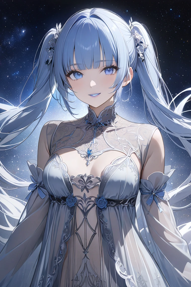 ((1 rapariga)), astounding, beatiful detailed eyes, finely detailled, depth of fields, (best qualtiy),(Most Best Illustration), (best illuminate, Best shadow), (Very fine and beautiful)), Very detailed wallpaper, Dream background, seen from the front,Look away, scenecy, Young girls, (Lori huge breasts cleavage), ((full bodyesbian)), Long gray hair, ((Gray eye)), beatiful detailed eyes, (((Cobalt long dress))), hair adornments, choker necklace, Light makeup, wind blown, afloat,mirrors,mid-air,starrysky,In heaven,Flying,ventania