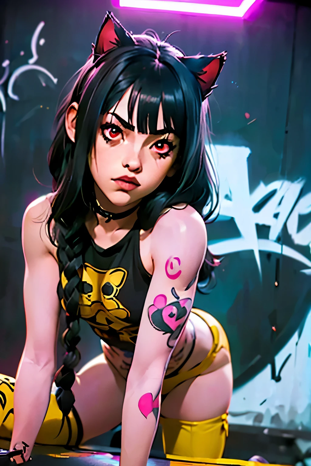 jAkotvv hiperrealista súper detallada ((de Aa chica adolescente joven )) ,  very detailed, ( hyper realistic : 1.4),  in dynamic position , A,  long black hair,  straight bangs , cat ears,  black hair,( red eyes) , tattooed arm, arcAe style. ((Fondo de pared grAge con grafiti de neón,  movie lighting)).