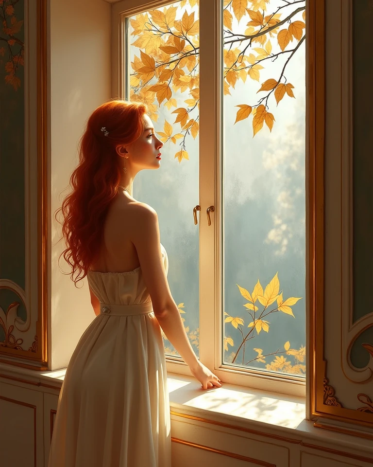 a beautiful ginger haired European woman, stands by an art-deco window of 2 story room, staring at a beautiful tree golden brown leaves falling on the streets, the autumn leaves drift by the windows, Masterpiece surreal hyper realistic oil on canvas painting in Don Lawrence style, High Resolution, Award Winning, Best Quality, Detail, High Details, UHD, 