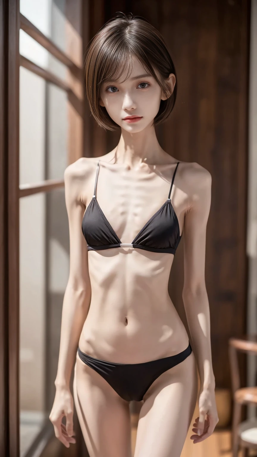 High image quality、 one girl 、 perfect face、cute、 thin body with only bones and skin、 I don't gain strength due to malnutrition 、 short hair 、 white skin、Too thin arms、Too thin legs、 big eyes、 waist that is too thin 、 raised ribs、Protruding collarbone、Flat stomach、 black bikini、 hotel 