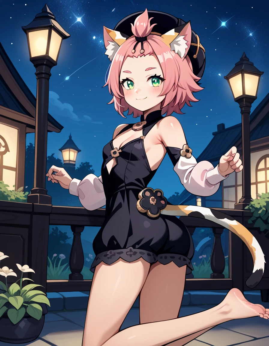 score_9, score_8_up, score_7_up, score_6, source_anime, BREAK diona \(genshin impact\), mngmst_style, 1girl, animal ear fluff, animal ears, cat ears, cat girl, cat tail,  forehead, green eyes, pink hair, short hair, solo, tail, cleavage, small breasts,     (curvy), cute, elegant black dress, night, starry sky, romantic setting, smile, blush, petite, cowboy shot, petite, ass, solo, barefoot, feet