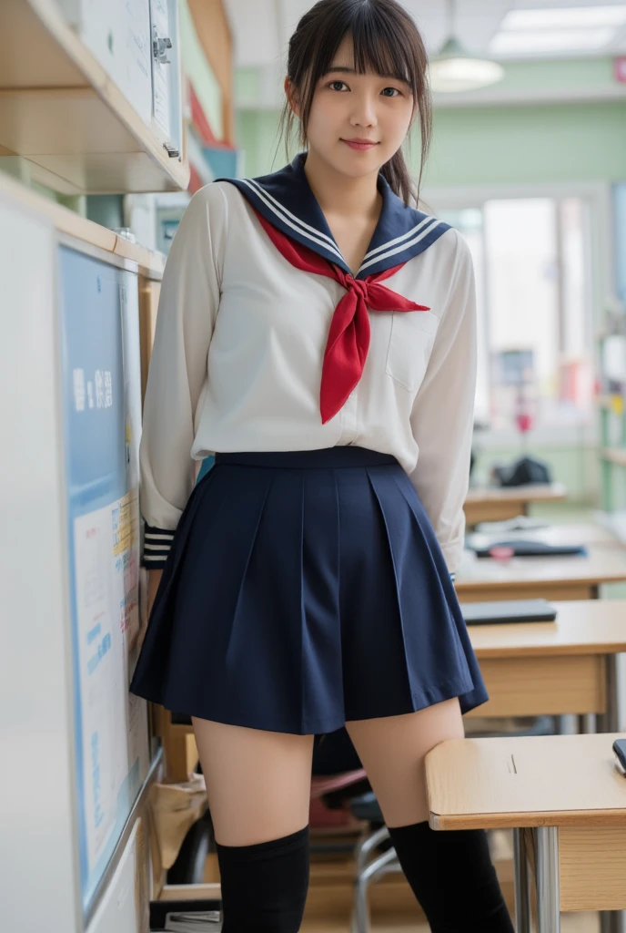 Prompt: (8k, RAW Photo, Best Quality, High Resolution: 1.1), (Ultra Real: 1.4), (Real, Real: 1.3), masterpiece, Ultra High Resolution, (Realistic: 1.4), RAW Photo, Very Detailed, Perfect anatomy, highly detailed skin, Physics-based rendering, cute Japanese girl, double eyelids, innocent face, cute pose, girl, cute winter clothes, full body photo, ((( girl: 1.4))), (Small breasts: 1.4), (thin legs), Cute face,black hair,AIDA_PXLR_rei2009, (Facial expression of ecstasy, naughty facial expression), ((Showing panties)), ((Facial expression that seduces a man)), Side angle, ((Back angle)), Angle from below, School classroom , skirt, parting the bangs to show the forehead,(pubic bulge:1.3),((Place your hands on the desk and turn your butt forward)),((leaning forward))