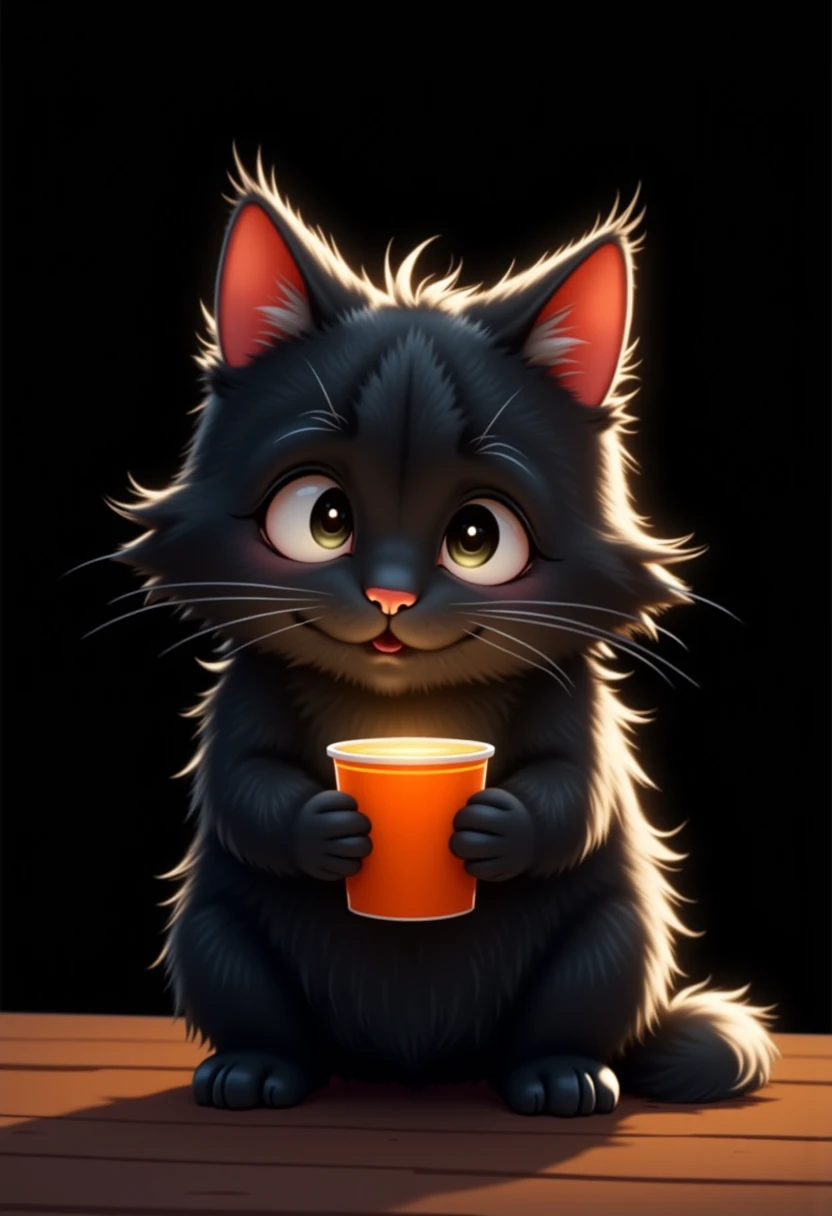 A whimsical and charming illustration of a fluffy black cat with exaggeratedly large, round eyes, holding a bright orange cup in its tiny paws. The cat has spiky, unruly fur with subtle highlights, and its small, triangular ears are tipped with a soft red hue. The background is minimalistic and dark, emphasizing the cat's expressive and slightly surprised look. The lighting is soft, creating a subtle glow around the cat's silhouette, adding depth and warmth to the scene. The overall composition is simple yet captivating, blending a humorous and endearing tone with clean, stylized details.invert color,glow line, invert outline,glow,shine,