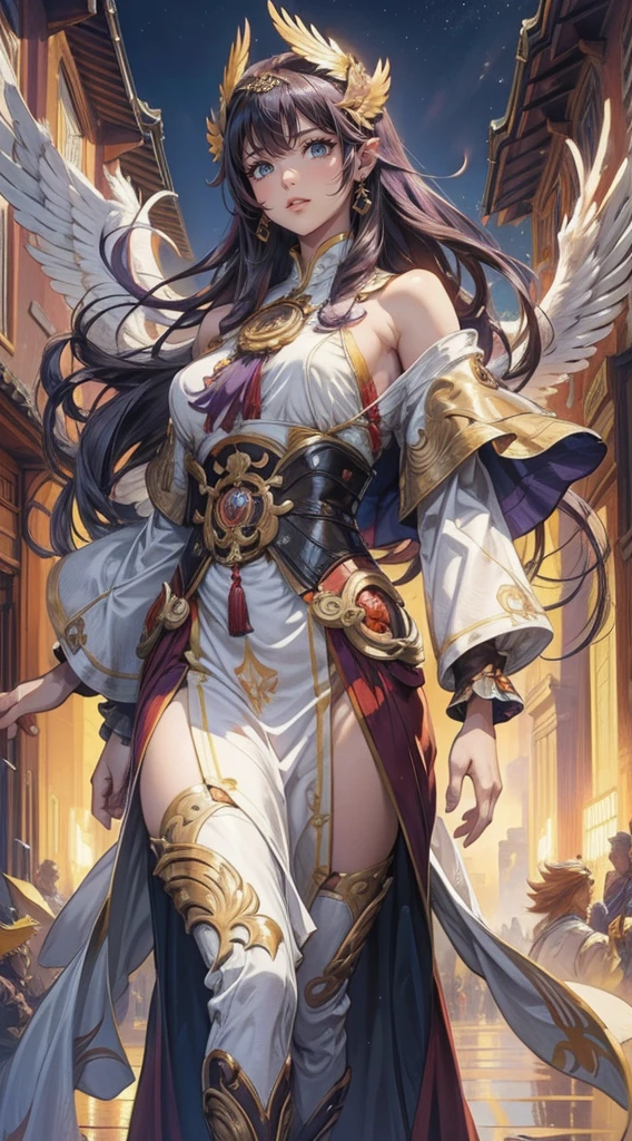 (best quality,4k,highres,masterpiece:1.2), full standing picture, tanned skin, misty rose hair, gold eyes, twin ponytails, long eyelashes, big boobs, gold necklace, white feathered wings, gold paladin armour, holding a staff