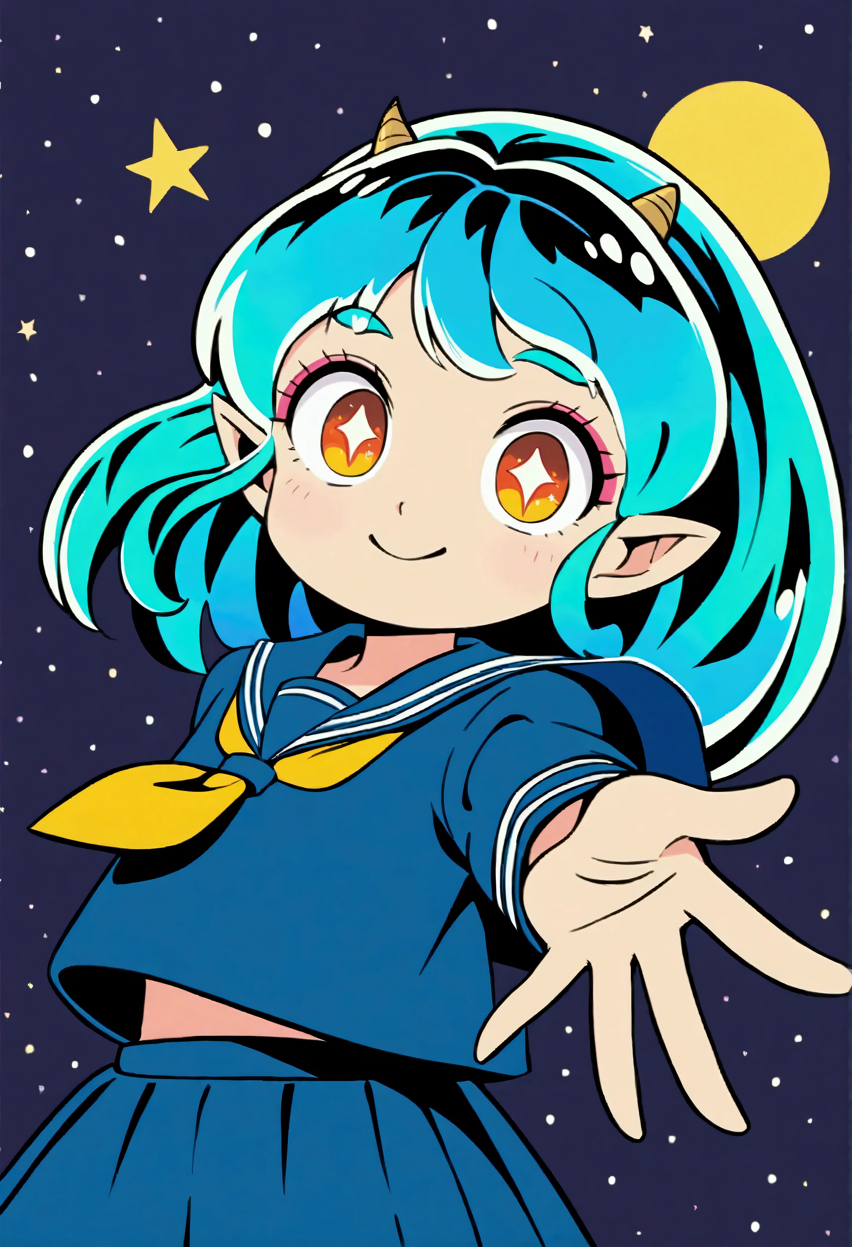 takahashi rumiko style,(1 girl,Lum,long hair,bangs,blue hair,orange eyes,horns,pointy ears,aqua hair,oni horns,(eyeshadow),(shirt,long sleeves,sailor suit,sailor collar,neckerchief,yellow neckerchief,blue shirt,blue sailor collar,blue skirt),the character Lum from "Urusei Yatsura",girly,bright smile,fine,Lum is floating in the air,jump,Bright and cheerful atmosphere,BREAK,(Creates a POP illustration style background,Background elements such as space or a starry sky,Outer space with the moon and stars floating in it,rich colors,colorful,shooting star,draw with thick lines,Sparkling,unbelievably absurd,zentangle elements,vector art),beautiful light and shadow,BREAK,(masterpiece:1.3),(highest quality:1.4),(ultra detailed:1.5),High resolution,extremely detailed,unity 8k wallpaper,intricate details,absurdity,Sparkling,anatomically correct,cute,sparkling eyes