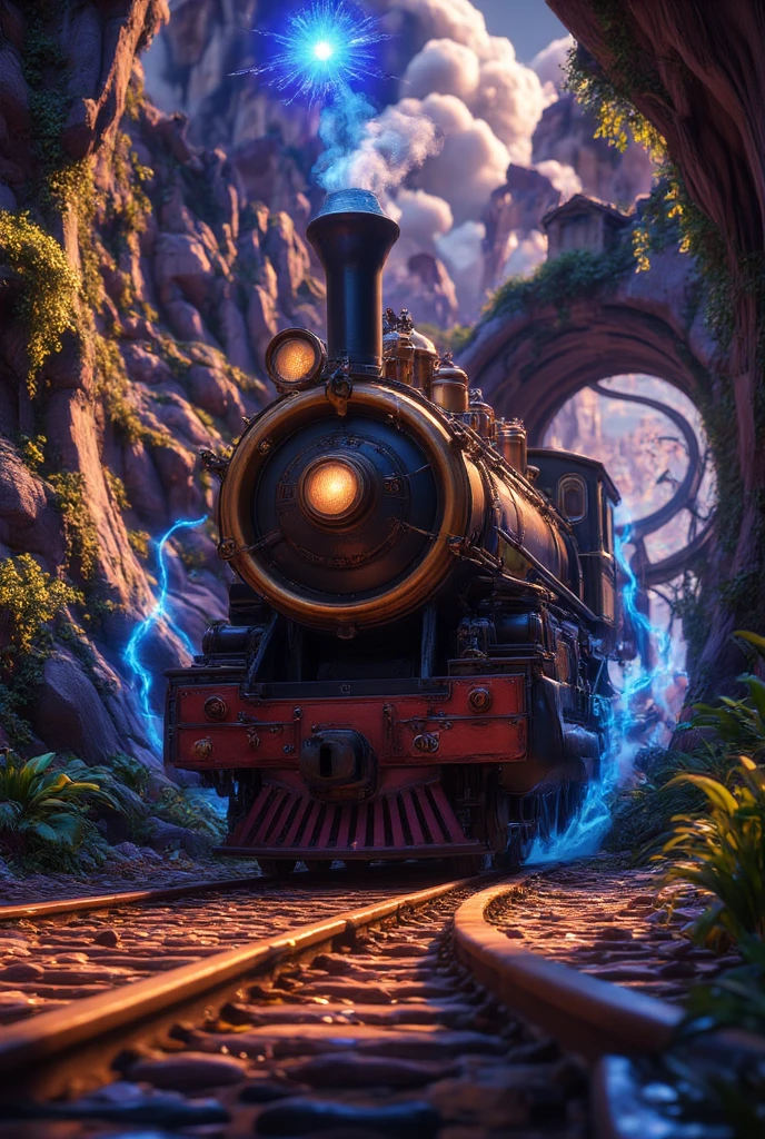 The film depicts a huge steam locomotive in a steampunk style, traveling through time and space. The car body is decorated with polished brass and black steel, intertwined with intricate gears and steam pipes. The chimneys of the cars release not only steam but also a bluish-white glowing energy. A spiraling space-time portal opens up in front of the train, and in the background is a complex interdimensional landscape of distorted galaxies and time lines. In the dark space, the entire train is illuminated by a mysterious blue light.