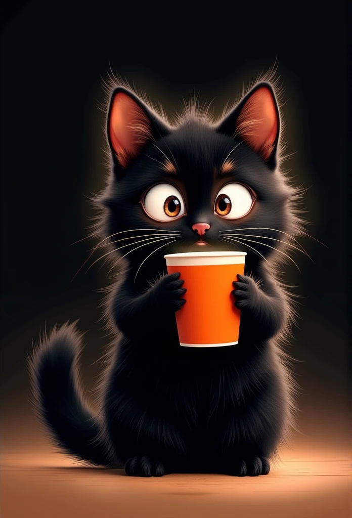 A whimsical and charming illustration of a fluffy black cat with exaggeratedly large, round eyes, holding a bright orange cup in its tiny paws. The cat has spiky, unruly fur with subtle highlights, and its small, triangular ears are tipped with a soft red hue. The background is minimalistic and dark, emphasizing the cat's expressive and slightly surprised look. The lighting is soft, creating a subtle glow around the cat's silhouette, adding depth and warmth to the scene. The overall composition is simple yet captivating, blending a humorous and endearing tone with clean, stylized details.invert color,glow line, invert outline,glow,shine,