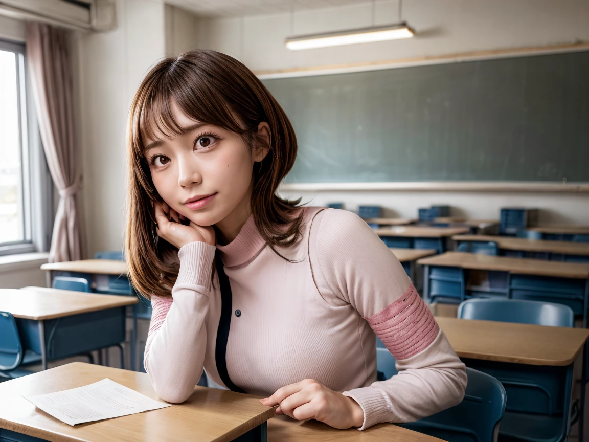 uraraka_ochako,Pink bodysuit、classroom
