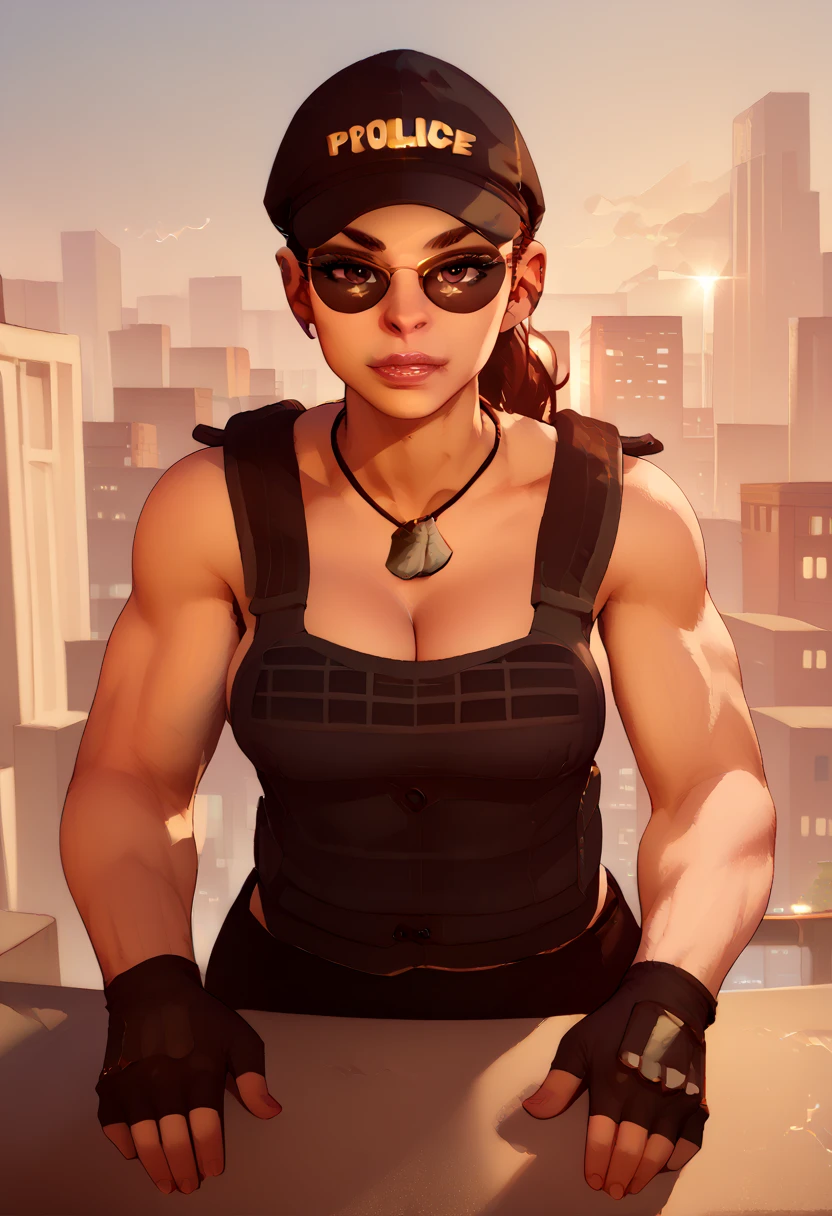 score_9,score_8_up,score_7_up,score_6_up,
sonyaxl,shades,black police cap,vest,dog tag necklace,bare shoulders,ponytail,dark brown hair,
standing,looking at viewer,fingerless gloves,cleavage,bent over,police text,
cityscape,dusk,
solo,
