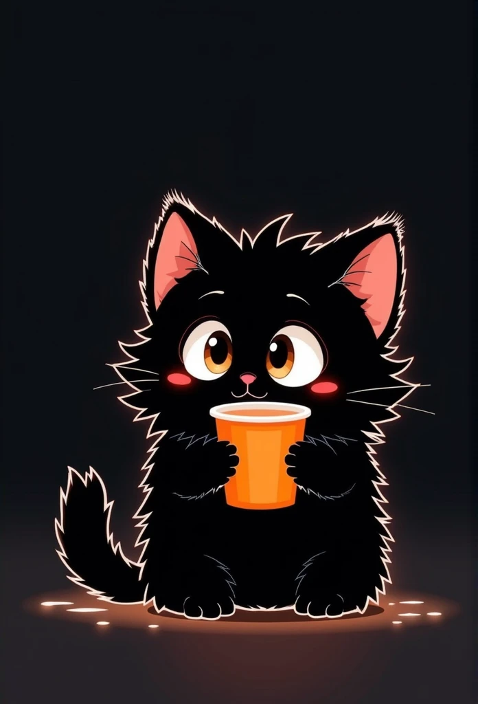 A whimsical and charming illustration of a fluffy black cat with exaggeratedly large, round eyes, holding a bright orange cup in its tiny paws. The cat has spiky, unruly fur with subtle highlights, and its small, triangular ears are tipped with a soft red hue. The background is minimalistic and dark, emphasizing the cat's expressive and slightly surprised look. The lighting is soft, creating a subtle glow around the cat's silhouette, adding depth and warmth to the scene. The overall composition is simple yet captivating, blending a humorous and endearing tone with clean, stylized details.invert color,glow line, invert outline,glow,shine,