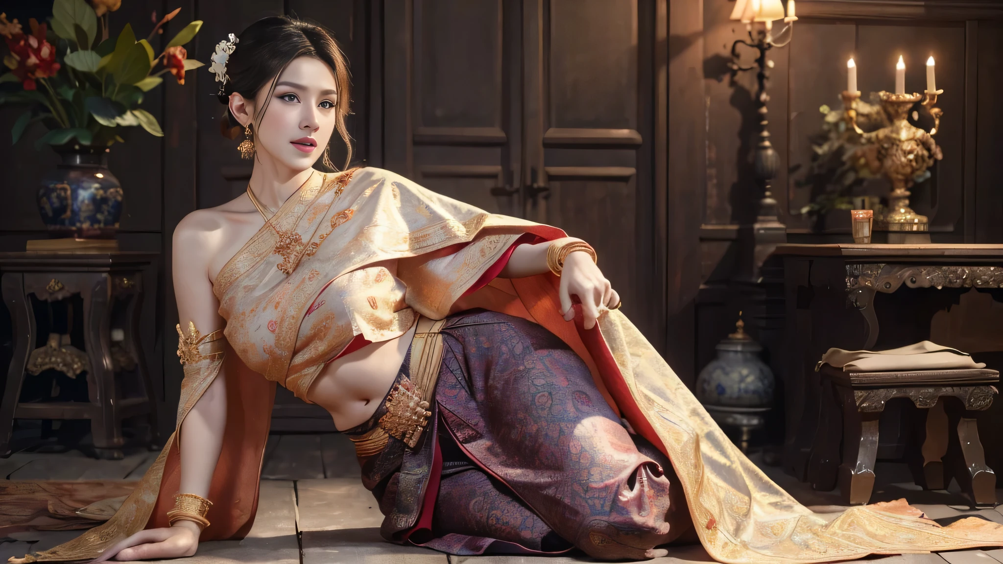 (raw photos:1.2), (realistic:1.4), (Masterpiece:1.3), (best quality:1.4), Ultra high resolution, (Detailed eyes), (Detailed facial features), (Detailed clothing features), HDR, 8k resolution, Focus only, Dressing according to Thai tradition, Traditional shawl , 1 woman , big breasts, A gigantic rift, big breastsดันเสื้อผ้า, big breast, The breasts will fully grow..., Make your breasts bigger.., small waist, Long legs, Facing the audience, full body, depth of field, Cinema-grade lighting system, big breasts, Too big for your body, Revealing a flat stomach, The lower half of the chest can be seen..., Sexy sitting posture, Pictures from eye-catching angles, Correct picture elements, The picture is complete.,