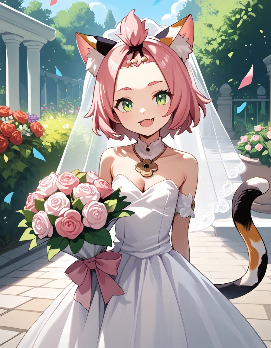 score_9, score_8_up, score_7_up, score_6, source_anime, BREAK diona \(genshin impact\), mngmst_style, 1girl, animal ear fluff, animal ears, cat ears, cat girl, cat tail,  forehead, green eyes, pink hair, short hair, solo, tail, cleavage, small breasts,     garden, wedding dress, necklace, smile, open mouth, bouquet, confetti, cowboy shot, standing,