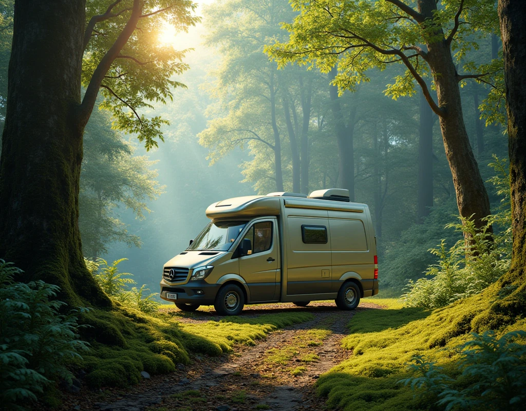 a camper van in a lush green forest, sunlight filtering through the trees, a peaceful outdoor scene, beautiful detailed landscape, photorealistic, hyper detailed, dramatic lighting, vibrant colors, cinematic composition, masterpiece