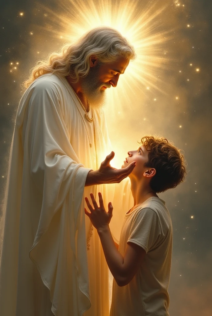 "A dramatic and inspiring scene of the creation of man from clay. GOD, with a majestic and enlightened presence, is molding a man of clay with his divine hands. The atmosphere is heavenly, with soft, divine light highlighting the scene. The clay man is partially formed, with details of their human characteristics beginning to emerge. The background may include ethereal clouds and a sense of spiritual depth.. The image must convey the importance and sacredness of the moment of creation, destacando a atenção e o cuidado de GOD ao criar a figura humana."