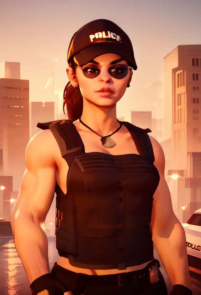 score_9,score_8_up,score_7_up,score_6_up,
sonyaxl,shades,black police cap,vest,dog tag necklace,bare shoulders,ponytail,dark brown hair,
standing,looking at viewer,fingerless gloves,cop car,police text,
cityscape,dusk,
solo,
