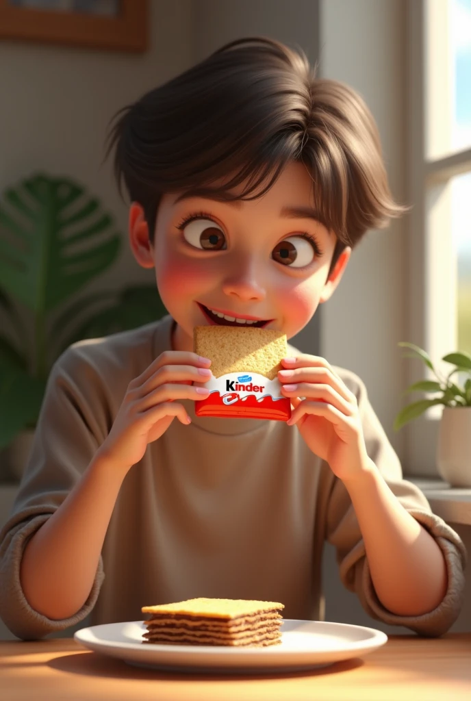 A boy wear blue tshirt eat with a lot off lays on the table