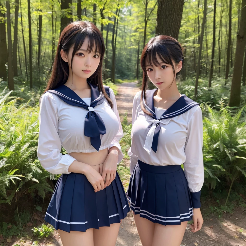 Two girls standing in the schoolyard,Small white panties,white school sailor shirt,21years old,Bangs,A little smile,thighs thighs thighs thighs,Crotch,Knees,short cut hair,poneyTail,From below