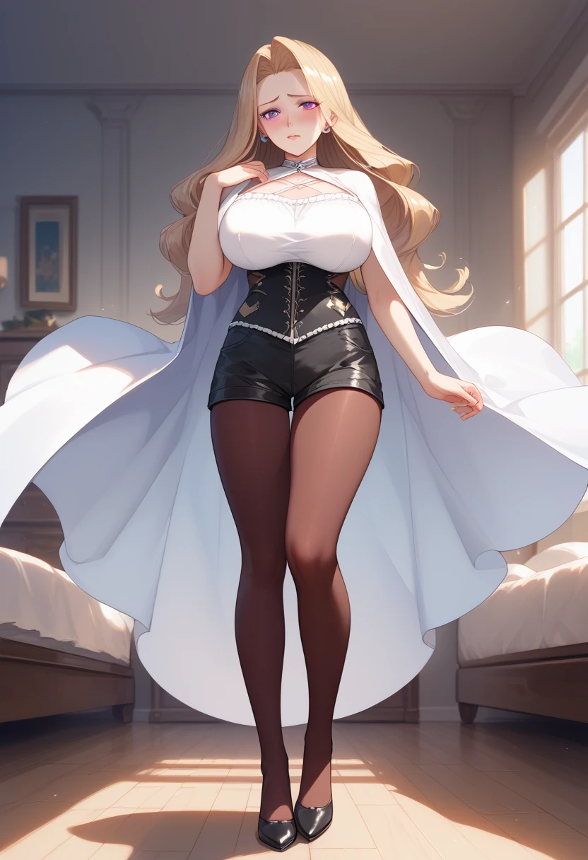 ((((MASTERPIECE)))), HIGH QUALITY, VERY HIGH RESOLUTION, LARGE FILESIZE, FULL BODY SHOT, 1GIRL,SOLO, Huge breasts,large ass,Sousou No Frieren,methode, purple eyes, hair intakes, long hair,corset, pantyhose, cape, black shorts,Beautiful attention to detail:1.2,, (perfect hand, perfect anatomy), super detailed, beautiful face,bedroom,leg lock,Embarrassed,pov,