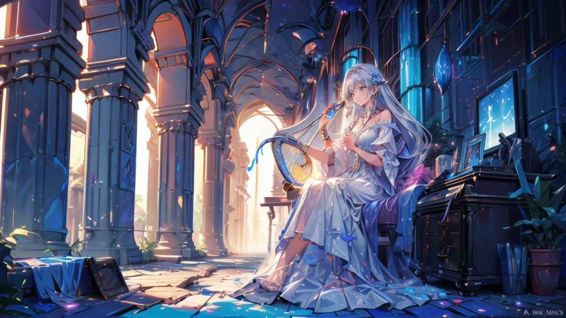 full-body portraits，(Play the harp), (Drawing of girl playing harp), white dresses，low head，With his eyes closed，Mandy Jürgens (Mandy Jurgens) Realistic paintings created, Perverted, arte figurativa, Detailed depiction of the, realistically, An artwork of, contours， seen from the side， simple backgound