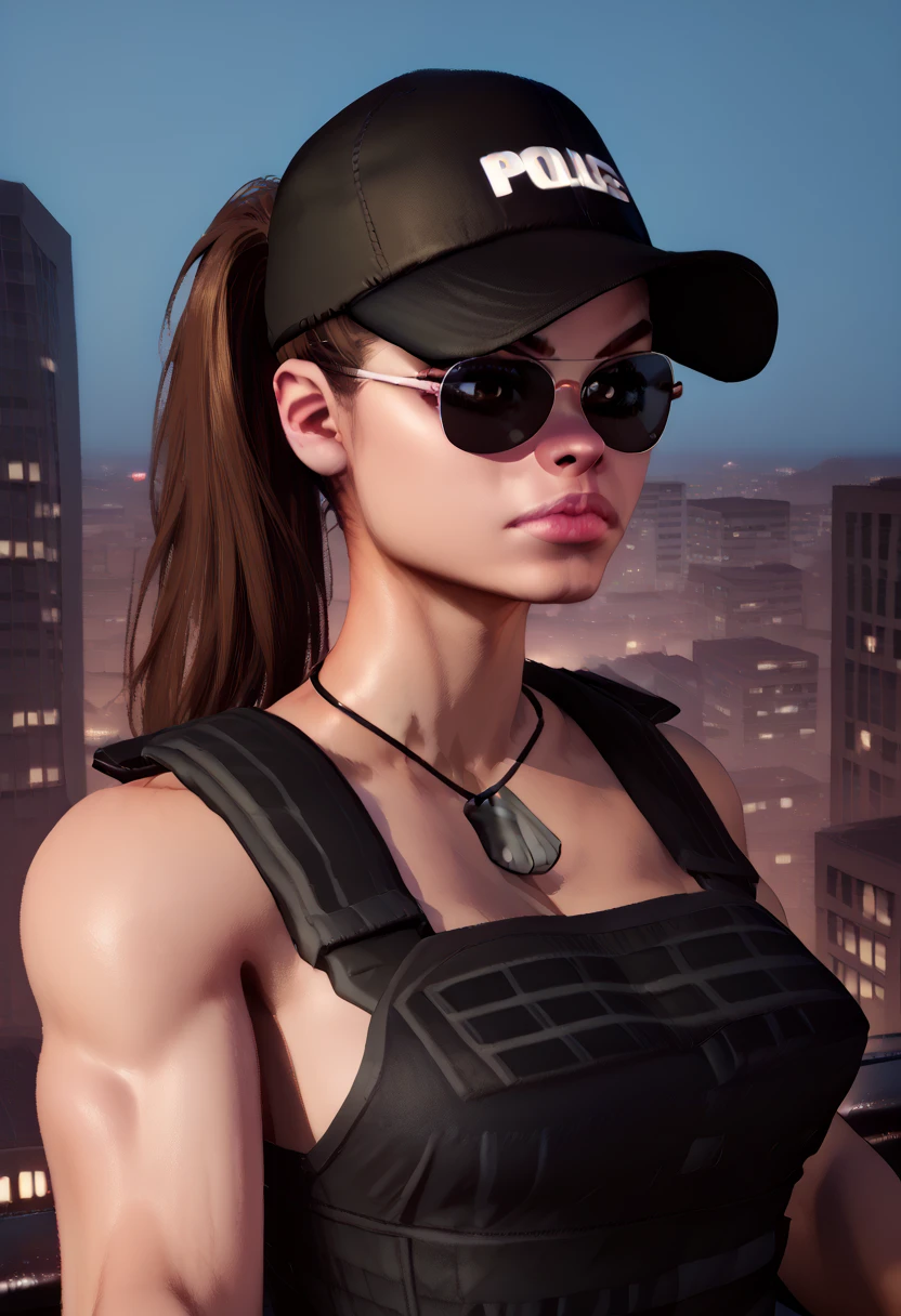 score_9,score_8_up,score_7_up,score_6_up,
sonyaxl,shades,black cap,vest,dog tags,bare shoulders,ponytail,dark brown hair,
standing,upper body,looking at viewer,police, serious, 
cityscape,dawn,
solo,
