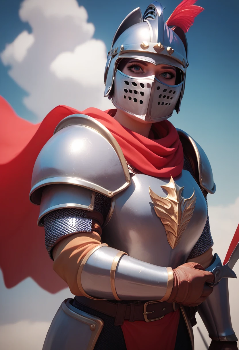 NSFW, a big busted knight woman in full plate armour with red cloth, wearing helmet, face covered by helmet, realistic plate armour, Kardia of Rhodes