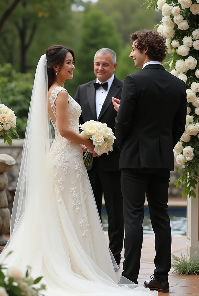 Man and women with wedding dresses, face look on camera