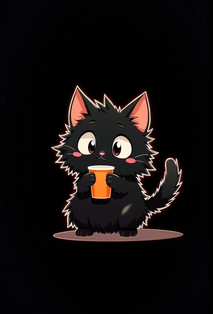 A whimsical and charming illustration of a fluffy black cat with exaggeratedly large, round eyes, holding a bright orange cup in its tiny paws. The cat has spiky, unruly fur with subtle highlights, and its small, triangular ears are tipped with a soft red hue. The background is minimalistic and dark, emphasizing the cat's expressive and slightly surprised look. The lighting is soft, creating a subtle glow around the cat's silhouette, adding depth and warmth to the scene. The overall composition is simple yet captivating, blending a humorous and endearing tone with clean, stylized details.invert color,glow line, invert outline,glow,shine,