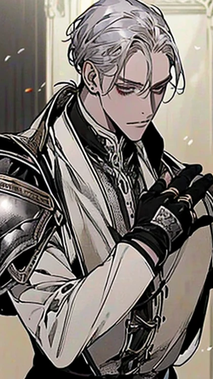 Ultra detailed, Highres, HDR, absurdres, master piece, Gojou Satoru, white hair, blindfolded eyes, black scarf, white long coat with patterns, black pants, black tight shirt, sexy man, extremely handsome, solo, very detailed face, Jujutsu Kaisen, golden patterns, window, petals, chains,