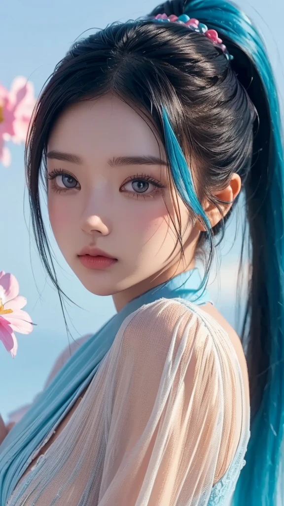 (masterpiece), (best quality), (ultra detailed),(disheed hair),(illustration), (1girl), (Fashionable clothing), standing, Fashion model, looking at viewer, (interview), (simple background), Beautiful detailed eyes, delicate beauty, floating, (high saturation), (colorful splash), colorful bubbles, (shine), focus on the face, ponytail, Ayaka Kamisato, light blue hair, bangs, scrunchies, floating flowers, flowing hair, (shiny), best lighting, best shadows, perfect hands