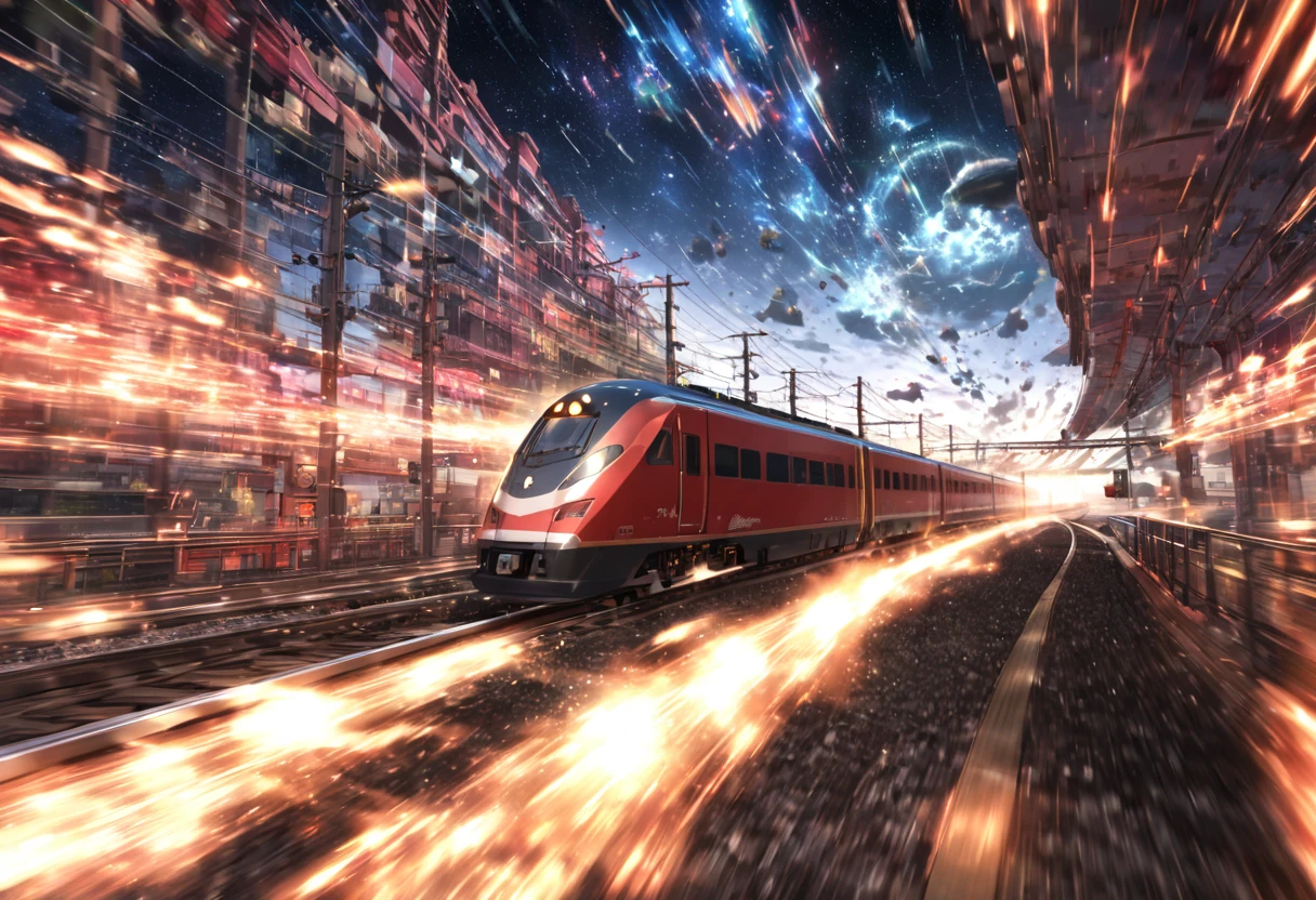 A train that transcends time and space ,  Run on rails formed by Particle Light(( motion blur:2.0 , Blue Lightning Effects :1.5 ,  Blue Particle Light Filter Effects :1.5 , backgroundぼかし)) , background:A warped world of space-time  , Dark blue bullet train 