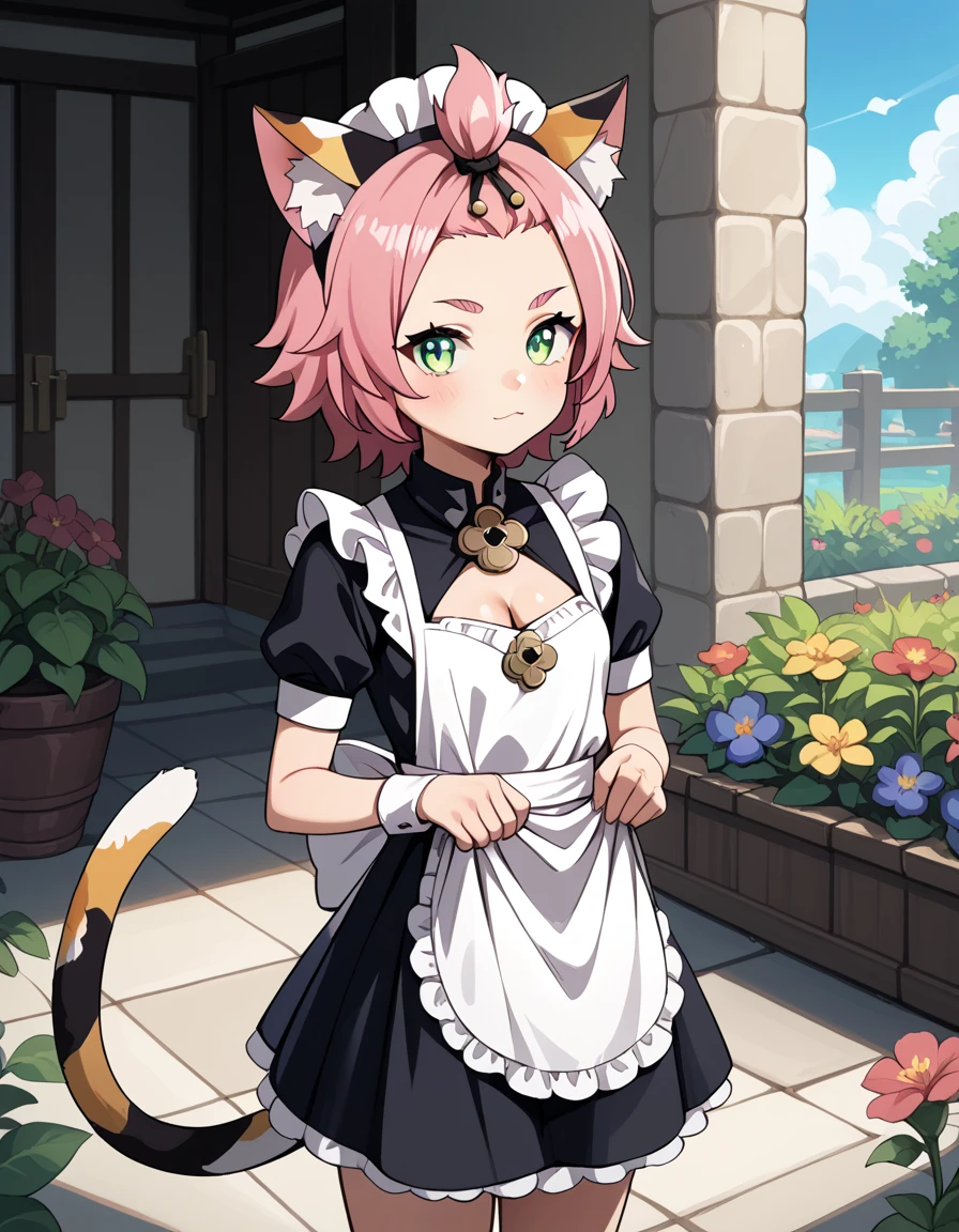 score_9, score_8_up, score_7_up, score_6, source_anime, BREAK diona \(genshin impact\), mngmst_style, 1girl, animal ear fluff, animal ears, cat ears, cat girl, cat tail,  forehead, green eyes, pink hair, short hair, solo, tail, cleavage, small breasts,    maid, maid headdress, cleavage cutout, apron, garden, standing, cowboy shot, skirt hold,