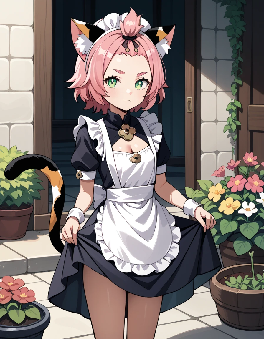 score_9, score_8_up, score_7_up, score_6, source_anime, BREAK diona \(genshin impact\), mngmst_style, 1girl, animal ear fluff, animal ears, cat ears, cat girl, cat tail,  forehead, green eyes, pink hair, short hair, solo, tail, cleavage, small breasts,    maid, maid headdress, cleavage cutout, apron, garden, standing, cowboy shot, skirt hold,