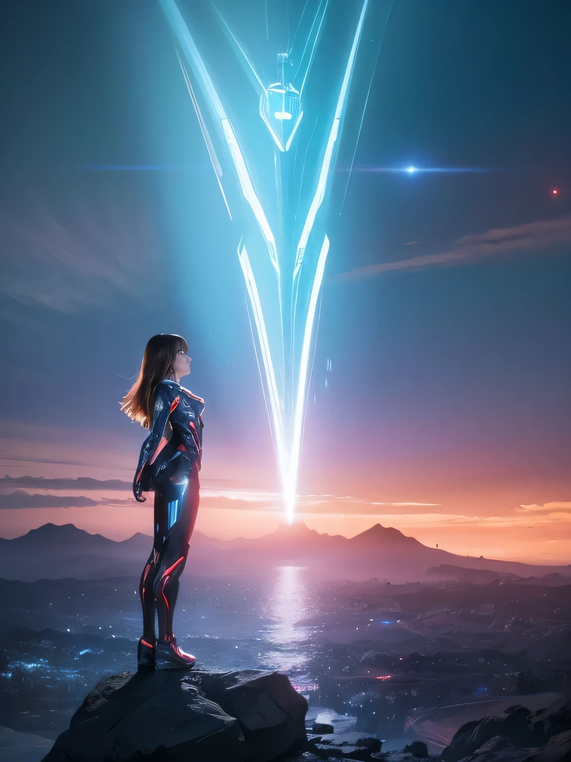 ( RAW photo, best quality ), (Realistic, Photographically:1.3), 1 girl、Realisticbody、old shrine maiden costume 、 pyramid shaped UFO from outer space、Laser light、 look up 、 take a picture of your whole body ,tron,blue light