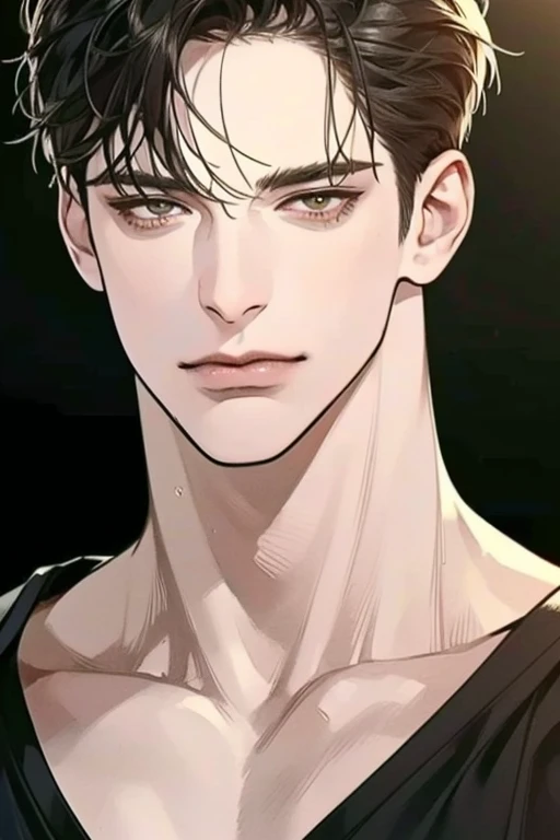 (Best quality,4K,8K,a high resolution,masterpiece:1.2),ultra detailed,(realistic,photorealistic,photo-realistic:1.37),39 year old man,Beautiful anime,portraits,strong,masculine,dark hair,Sharp jawline,Mesmerizing eyes,Perfectly styled hair,confident expression,bright colors,dynamic lighting,Brown eyes,(Black T-shirt),(dark skin),((mature man, man 40 years old)), (square jaw)