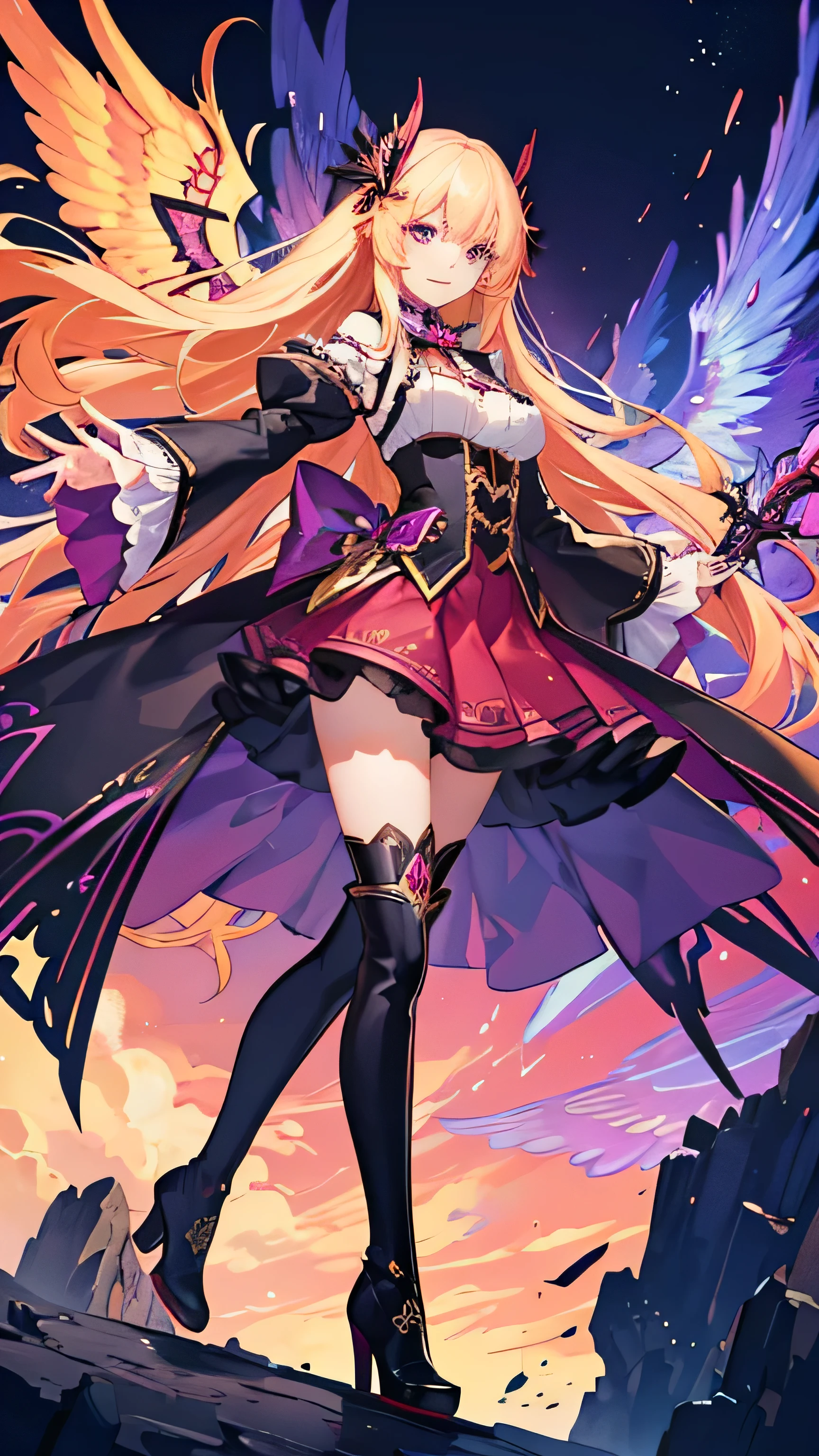 Create a vibrant and dynamic illustration of a young female character with long, flowing blonde hair and striking red and purple attire. She should be posed dramatically, surrounded by large, ornate mechanical wings that have a blend of dark and bright colors. The character should have a playful yet fierce expression, wearing knee-high boots and a frilly skirt adorned with a large bow. Include intricate details in her outfit and the wings, with a fantasy-themed background that enhances the overall magical and adventurous atmosphere.