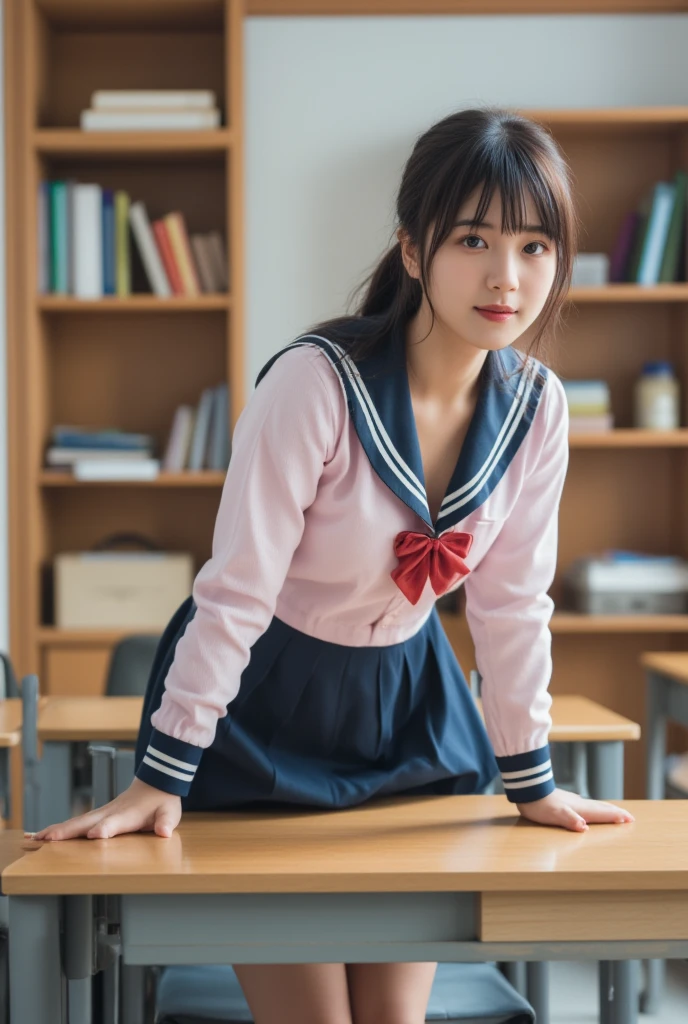 Prompt: (8k, RAW Photo, Best Quality, High Resolution: 1.1), (Ultra Real: 1.4), (Real, Real: 1.3), masterpiece, Ultra High Resolution, (Realistic: 1.4), RAW Photo, Very Detailed, Perfect anatomy, highly detailed skin, Physics-based rendering, cute Japanese girl, double eyelids, innocent face, cute pose, girl, cute winter clothes, full body photo, ((( girl: 1.4))), (Small breasts: 1.4), (thin legs), Cute face,black hair,AIDA_PXLR_rei2009, (Facial expression of ecstasy, naughty facial expression), ((Showing panties)), ((Facial expression that seduces a man)), Side angle, ((Back angle)), Angle from below, School classroom , skirt, parting the bangs to show the forehead,(pubic bulge:1.3),((Place your hands on the desk and turn your butt forward)),((leaning forward))