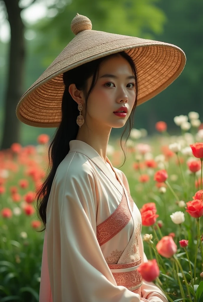 Asian Girl, wearing a noble hat in a beautiful flower garden Cinematography 8KUHD Hyper realist ultra 4HDnatural