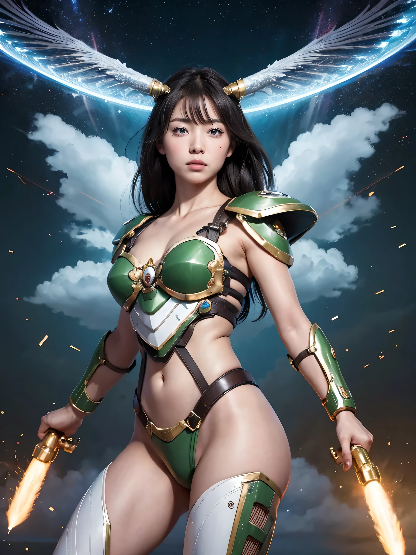 textured skin,  super detailed,  attention to detail ,  High Quality , 最 High Quality ,  high definition , 1080P, beautiful, cyborg、 valkyrie 、Micro Missile,machine gun, Beautiful Cyborg Female,Mecha Cyborg Girl ,BATTLE MODE,Full of energy、ribbon、meteor、 energy helmet 、 take a picture of your whole body  、 Action Poses 