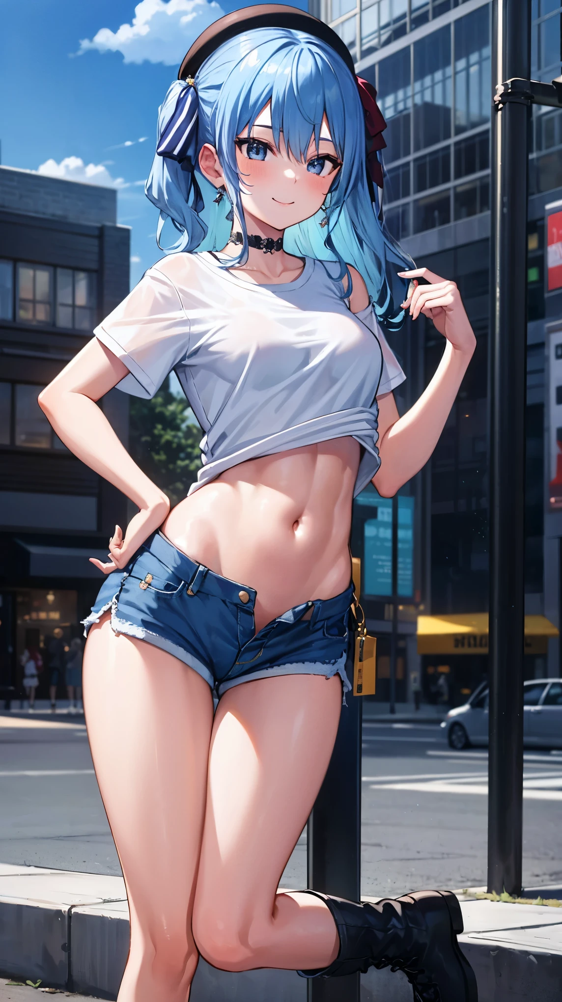 (8k、Best image quality、highest quality)、Detailed face、 1teen_girl、Blue Hair、Long Hair、sideponytail、dark_blue_eyes、smile,(peek_navel:0.7),(small_breasts:0.8),(White_T-shirt:1.3)、Off_shoulder、Black shoulder straps、(open_front_shorts,denim_short_shorts:1.2)、City Background, starry_sky_landscape ,hoshimachi suisei, (belly_button:1.2),nihil,solo,stargaze,girl_looking_up_sky,slender,solo,boots,abs, tight_waist, point_to_sky,slender_thighs,knees